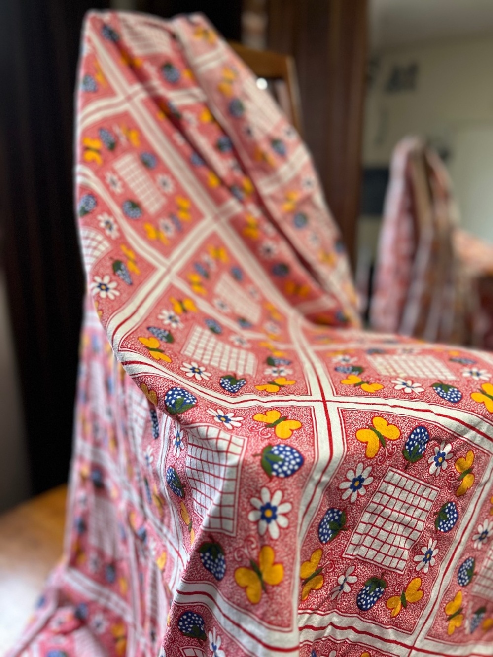 Adorable Vintage Tablecloth Strawberries and Butterflies